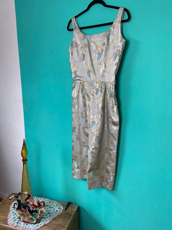 60s wiggle dress Blue and Sparkling Gold