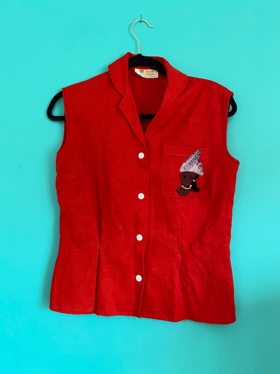 50s Vintage Linen Top Red