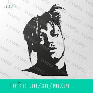 May include: Black and white silhouette portrait of a person with short, curly hair. The person is looking down and to the left. The image is a digital cut file.