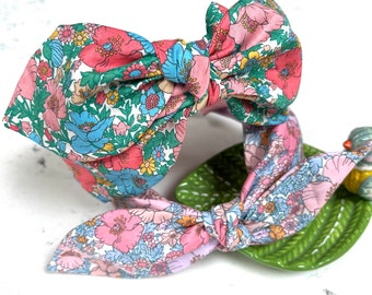 Liberty of London fabric Bow Headband, Top knot Tie headband, Alice band, hair accessories, twist headband, Meadow Song Print
