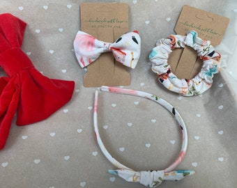 Christmas Nutcracker fabric Handmade Large Hair scrunchie, Bow Headband, Hair clip. Christmas Gift Box