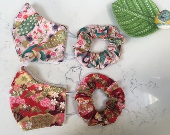 Máscara de algodón 100% con filtro de bolsillo / alambre de nariz / elástico ajustable lavable, reutilizable, de moda, máscara a juego y regalo de Scrunchie Lockdown
