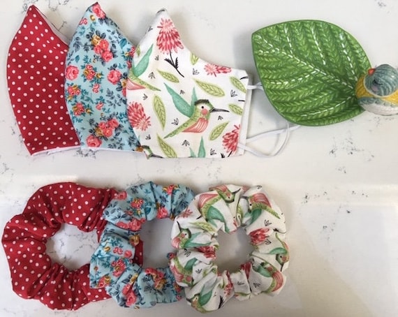 100% Cotton mask with Filter Pocket/Nose Wire/Adjustable Elastic Washable, Reusable, Breathable, Matching Mask and Scrunchie Lockdown gift