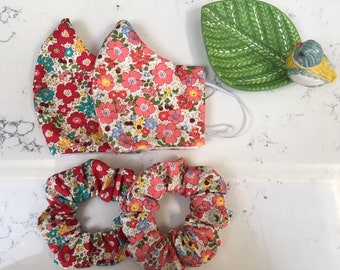 Mascarilla 100% algodón con filtro de bolsillo / alambre de nariz / elástico ajustable lavable, reutilizable, transpirable, máscara a juego y regalo Scrunchie Lockdown