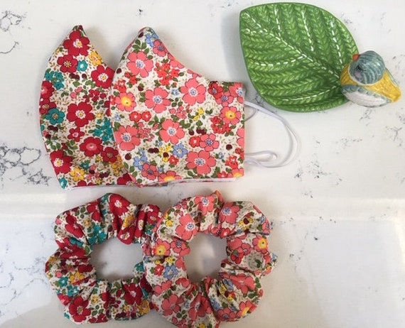 100% Cotton mask with Filter Pocket/Nose Wire/Adjustable Elastic Washable, Reusable, Breathable, Matching Mask and Scrunchie Lockdown gift