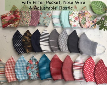 Cotton Face Mask: Washable, Reusable with Filter Pocket, Nose Wire & Adjustable Ear Loops