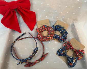 Liberty Christmas Tara lawn fabric Handmade Large Hair scrunchie, Bow Headband, Hair clip. Christmas Gift Box