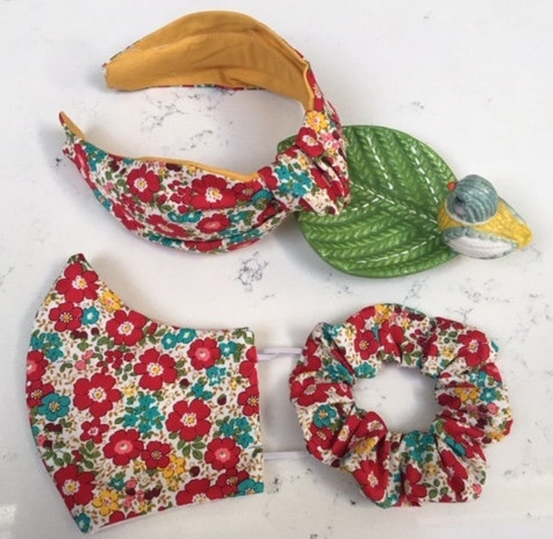 100% Cotton mask with Filter Pocket/Nose Wire, Washable, Reusable, Breathable, Matching Mask, Headband and Scrunchie Lockdown gift image 1