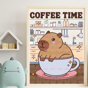 Capybara Art, Capybara Drink, Coffee Art, Kawaii Capybara, Capybara Drinking Poster, Kids Room Art, Cute capybara, Capybara drawing, Fun