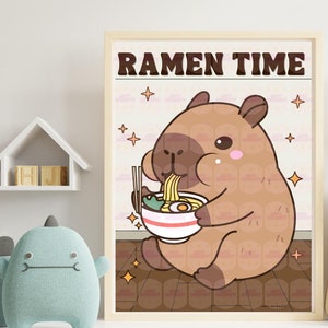 Capybara Art, Capybara eating ramen, Ramen Art, Kawaii Capybara, Capybara Eating Poster, Kids Room Art, Cute capybara, Capybara drawing, Fun