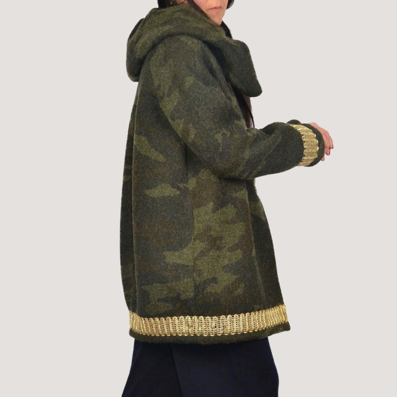 Boiled Wool Woman Coat in Camouflage with Gold Trimming,High quality Lady Coat Hand Made Coat Wool Lady Coat,Woman Winter Coat