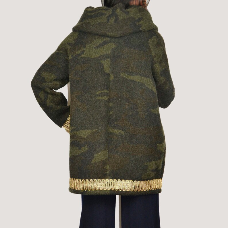 Boiled Wool Woman Coat in Camouflage with Gold Trimming,High quality Lady Coat Hand Made Coat Wool Lady Coat,Woman Winter Coat
