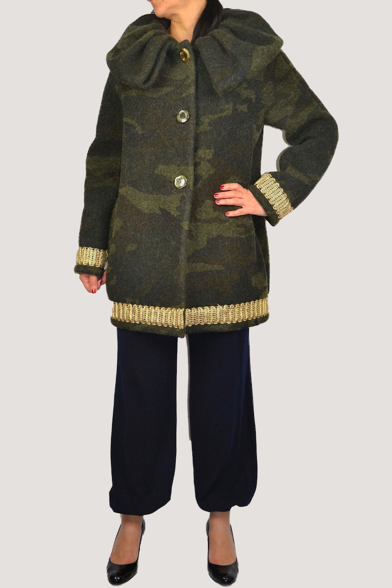 Boiled Wool Woman Coat in Camouflage with Gold Trimming,High quality Lady Coat Hand Made Coat Wool Lady Coat,Woman Winter Coat