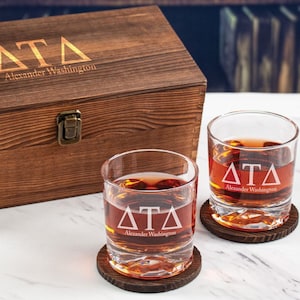 Personalized Delta Tau Delta Gift Ideas - Tumbler Glass Drinking Set in Engraved Wood Box - College University Gifts, Fraternity Pride Gifts
