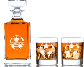 Personalized Barware Collection Set - Soccer Theme - Decanter and Whiskey Glasses With Options - Man Cave Gifts For Him
