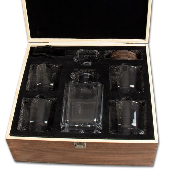 Add your Logo Brand Customized Wood Box Decanter Set - Personalized Decanter Whiskey Glass Set Man Cave Gifts, Gifts for Him, Family Gifts