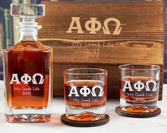 Alpha Phi Omega Fraternity Gifts - Personalized Whiskey Bar Set with Wood Box - Greek Life Glassware - Man Cave Decor - With Options