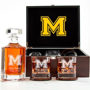 College University Gifts Dark Wood Decanter Set with Glasses for Barware - Great for Graduations, Promotions, Anniversary, Man Cave Gifts