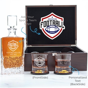 Custom Coach Gift Set – Football Team Logo with Options Decanter & Glasses in Wood Box - Thank you Gifts - Football Celebration Gifts