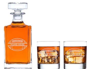 Personalized Barware Collection Set - Football Sports Theme - Decanter and Whiskey Glasses With Options, Man Cave Gifts For Him, Coach Gifts