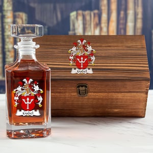 Heritage Coat of Arms Decanter in Rustic Wood Box - Family Crest Gift - Custom Coat of Arms in Wood Gift Box - Authentic Coat of Arms Gift