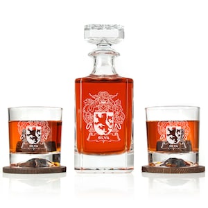 Family Coat of Arms, Personalized Barware Collection, Decanter with 2 Glasses, 2 Wood Coasters, 6 Stones in Wood Gift Box, Family History