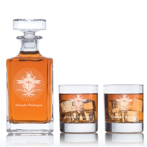Pi Kappa Alpha Coat of Arms Fraternity Gifts - Personalized Whiskey Bar Set with Wood Box - Greek Life - Man Cave Gifts with Options