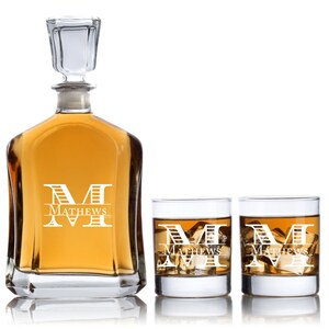 Personalized Barware Monogram Collection - Split Initial & Last Name - Decanter, Whiskey Glasses With Options - Man Cave Gifts For Him