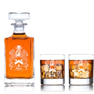 Personalized Barware Collection - Family Coat of Arms - Decanter and Whiskey Glasses With Options - Man Cave Gifts - Family History Gifts
