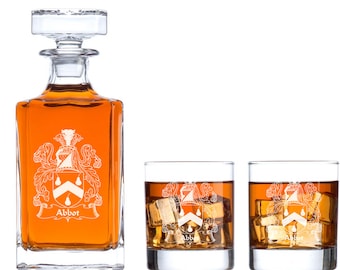 Personalized Barware Collection - Family Coat of Arms - Decanter and Whiskey Glasses With Options - Man Cave Gifts - Family History Gifts