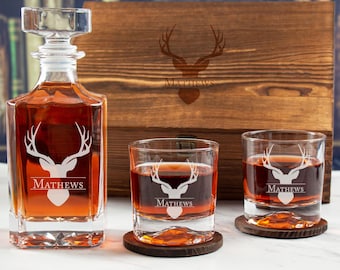 Engraved Whiskey Decanter Set with Options - Glasses, Decanter Wood Gift Box, Deer Head Hunter - Christmas gifts For Him - Birthday Gifts