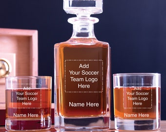 Personalized Soccer Team - Add Your Favorite Team Logo Here - Decanter and Whiskey Glasses With Options - Man Cave Gifts - Whiskey Gifts