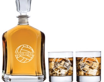 Colección deportiva de barware personalizada - Tema de voleibol - Decantador, vasos de whisky con opciones - Regalos de cueva de hombre para él - Regalos de entrenador