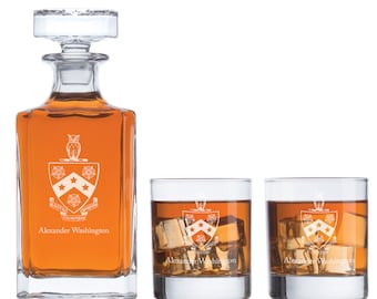 Phi Gamma Delta Coat of Arms Fraternity Gifts - Personalized Whiskey Bar Set with Wood Box - Greek Life - Man Cave Gifts with Options