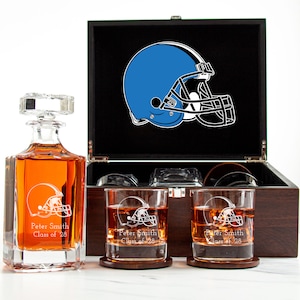 Football Team Coach Gifts Dark Wood Decanter and Whiskey Glass Set - Sports fan, Local, Varsity, Professional Football Teams, Man Cave Gifts