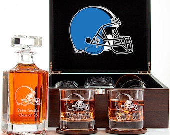 Football Team Coach Gifts Dark Wood Decanter and Whiskey Glass Set - Sports fan, Local, Varsity, Professional Football Teams, Man Cave Gifts