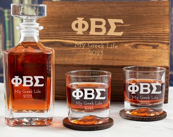 Phi Beta Sigma Fraternity Gifts - Personalized Whiskey Bar Set with Wood Box - Greek Life Glassware - Man Cave Decor - With Options