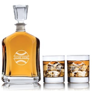 Personalized Barware Sports Collection - Baseball Theme - Decanter, Whiskey Glasses With Options - Man Cave Gifts For Him - Coach Gifts