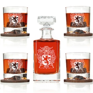 Family Coat of Arms, Personalized Barware Collection, Decanter with 4 Glasses, 4 Wood Coasters, 12 Stones in Wood Gift Box, Family History