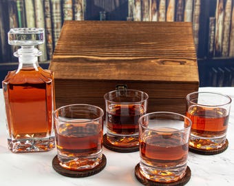 Add your Logo Brand Customized Wood Box Decanter Set - Personalized Decanter Whiskey Glass Set Man Cave Gifts, Gifts for Him, Family Gifts