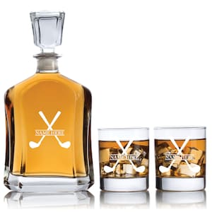 Personalized Barware Sports Collection - Golf Theme - Decanter, Whiskey Glasses With Options - Man Cave Gifts For Him - Coach Gifts