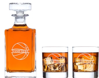 Conjunto de coleção de utensílios de bar personalizados, tema de esportes de basquete, decantador e copos de uísque com opções, presentes de caverna masculina para ele, presentes de treinador