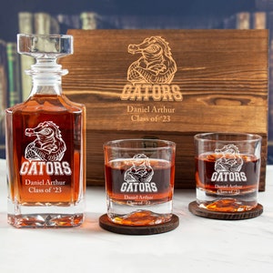 Gators Mascot Design Team Logo - Personalized Wood Box Whiskey Bar Set With Options - Sports Team Logos Barware Glassware - Man Cave Deco