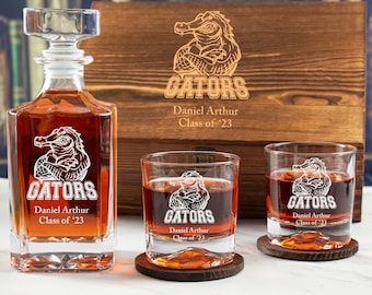 Gators Mascot Design Team Logo - Personalized Wood Box Whiskey Bar Set With Options - Sports Team Logos Barware Glassware - Man Cave Deco