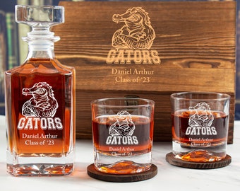 Gators Mascot Design Team Logo - Personalized Wood Box Whiskey Bar Set With Options - Sports Team Logos Barware Glassware - Man Cave Deco