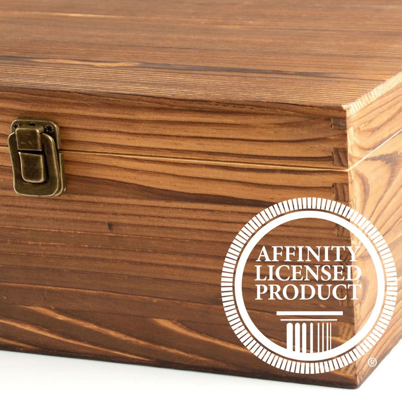May include: A wooden box with a brass latch and a white circle logo that says "Affinity Licensed Product".