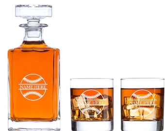 Personalized Barware Collection Set, Baseball Sports Theme, Decanter and Whiskey Glasses With Options, Man Cave Gifts For Him, Coach Gifts