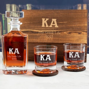 Kappa Alpha Order Fraternity Gifts - Personalized Whiskey Bar Set with Wood Box - Greek Life Glassware - Man Cave Decor - With Options