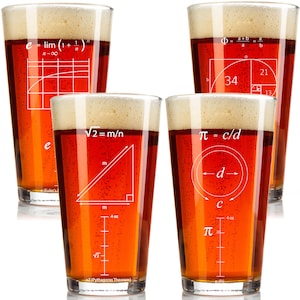 May include: Set of four clear glass pint glasses with mathematical formulas and illustrations etched on the front. The formulas include Euler's number, the Pythagorean theorem, pi, and the golden ratio. Each glass has a measurement scale on the side.
