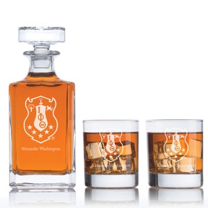 Iota Phi Theta Coat of Arms Fraternity Gifts - Personalized Whiskey Bar Set with Wood Box - Greek Life - Man Cave Gifts with Options